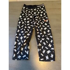 Nike Pro Dri-FIT Girls XL Black White Letter Print Capri Training Legging Tights